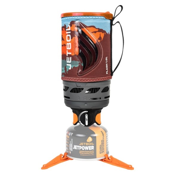 Jetboil Flash 1.0 L cooking system in action, boiling water outdoors.