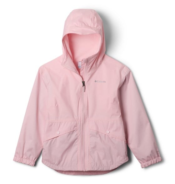 Front view of girls rain jacket with hood waterproof in vibrant blue, showing adjustable hood and reflective accents