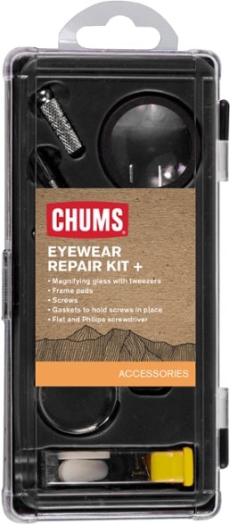 Chums Ultimate Eyewear Repair Kit displayed with screwdriver and magnifying glass