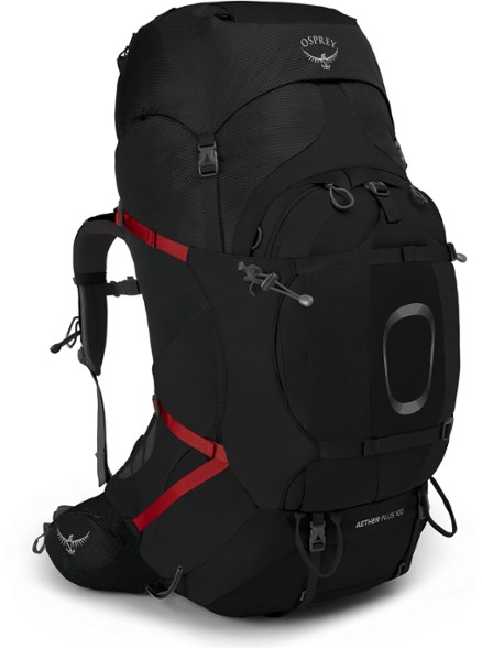 Side view of Aether Pro 100L outdoor backpack showing durable frame and compression straps