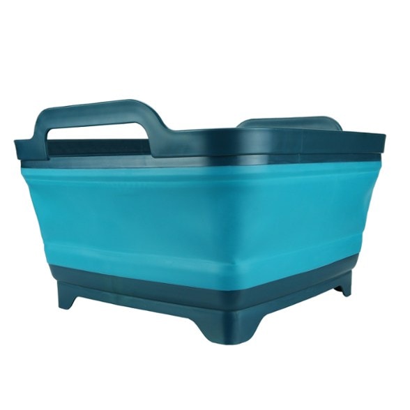 AdventureFlow portable sink fully expanded showing dual handles and built-in drain for camping cleanup