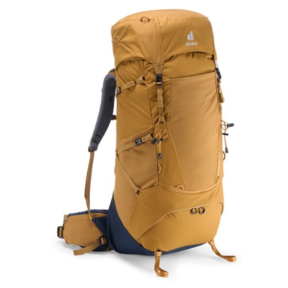 Front view of men's hiking pack with adjustable straps showing padded shoulder harness and chest strap