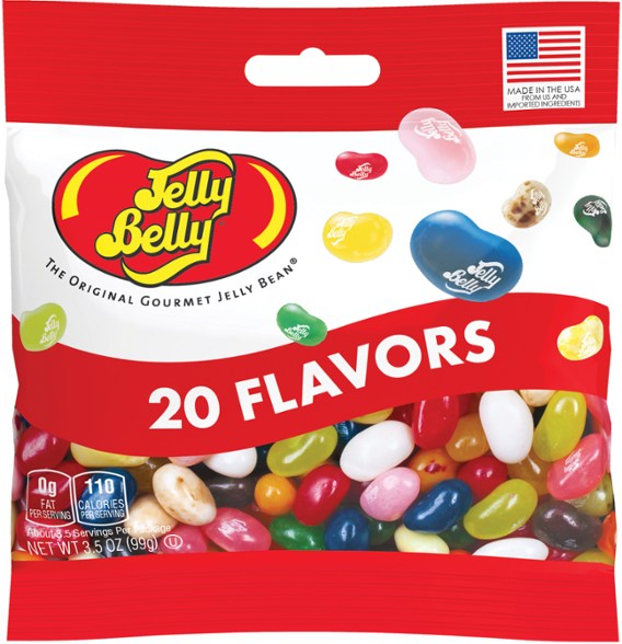 Close-up of colorful jelly beans showcasing a variety of chewy candy fruit flavors in a 3.5 oz bag