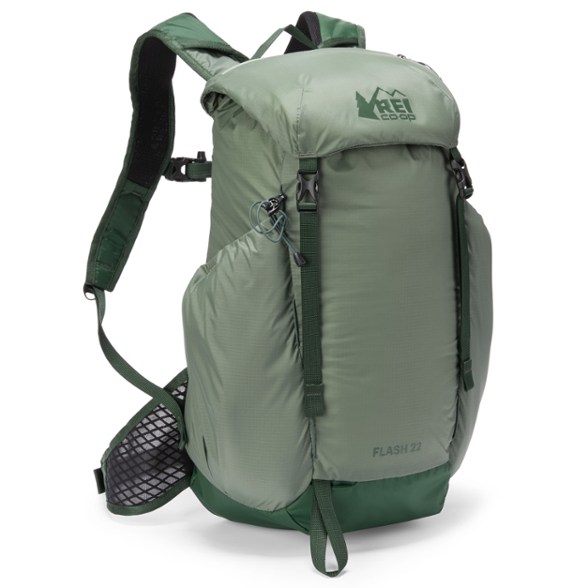 Front view of the REI Co-op Flash 22 ultralight backpack showcasing its sleek design and breathable mesh back.