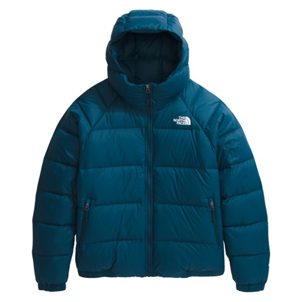 Front view of the women's plus size down hoodie in a chilly outdoor setting, showcasing its bomber-inspired style.