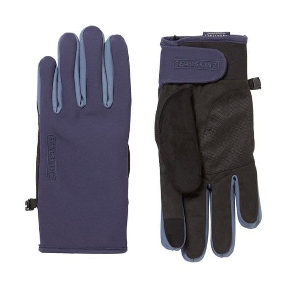 Close-up of the FusionPro waterproof gloves showing touchscreen-compatible fingertips and goatskin palm