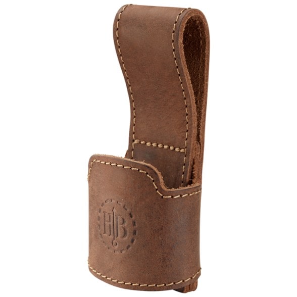 Close-up view of the rugged leather axe holder, highlighting its durable stitching.
