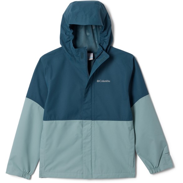 TrailBlazer II boys rain jacket shown in action during a hiking trip.
