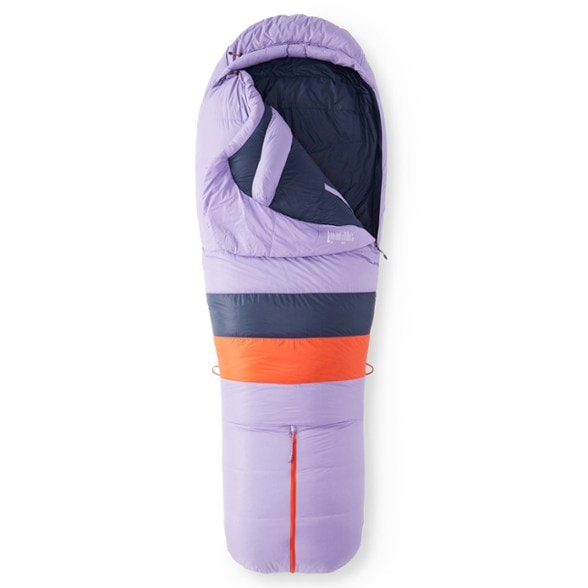 Marmot Teton women's down sleeping bag fully zipped, showcasing water-resistant shell and mummy shape
