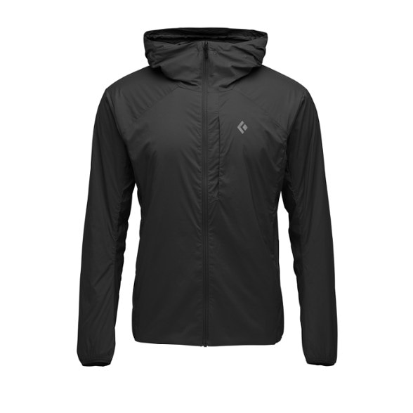 Black Diamond Alpine Start Insulated Hoody displayed outdoors, showcasing its versatility for cold weather activities.