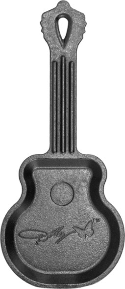 Top-down view of Dolly Parton rockstar guitar themed cast iron mini skillet showcasing detailed strings and signature