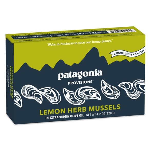 Close-up of Patagonia Provisions Sustainable Mussels can, highlighting its eco-friendly packaging.