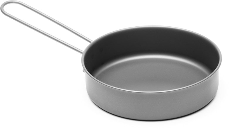 TOAKS titanium frying pan displaying its foldable handle and lightweight design.