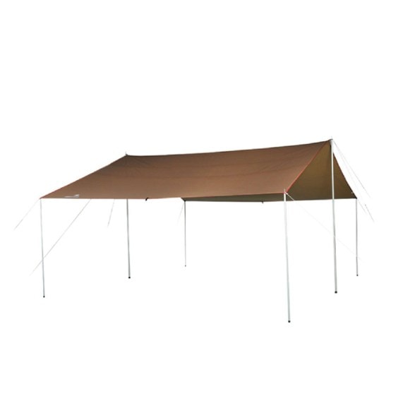 Top-down angle of the UV protection tarp set up over a campsite surrounded by trees