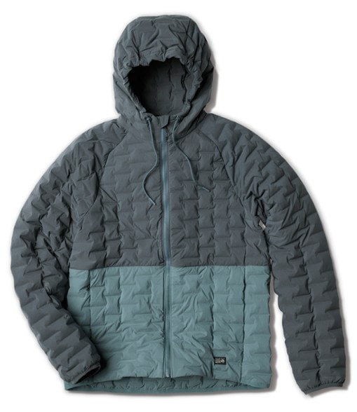 Front view of men's insulated hoodie worn mid-hike — navy color shown