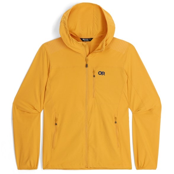 Front view of the DuraPrint Flex Hoodie for men in a hiking environment, showcasing its weather-resistant material.