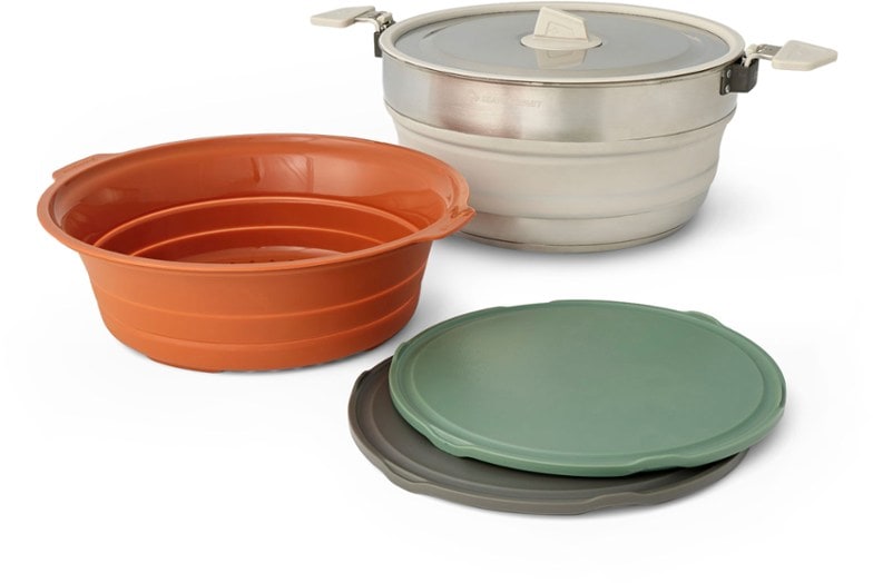 Collapsible camp kitchen kit displayed outdoors, perfect for cooking at the campsite.