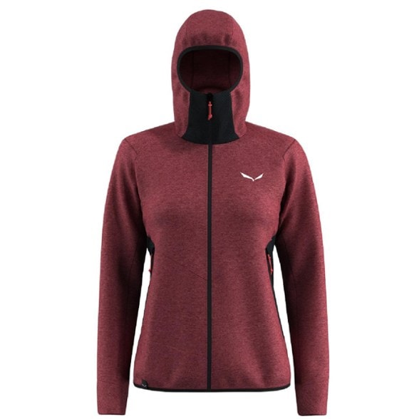 Side profile of women's climbing jacket showing tailored hood and ergonomic sleeve fit