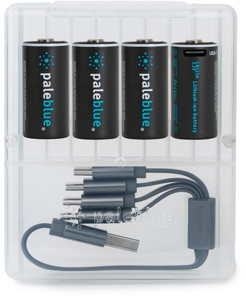 Close-up of eco-friendly rechargeable CR123 batteries in a carry case