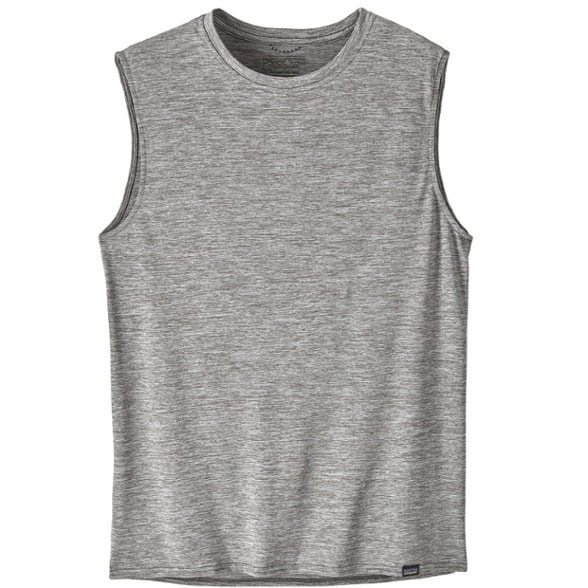Close-up of the Patagonia men's sleeveless shirt highlighting its quick-drying capabilities and soft fabric.
