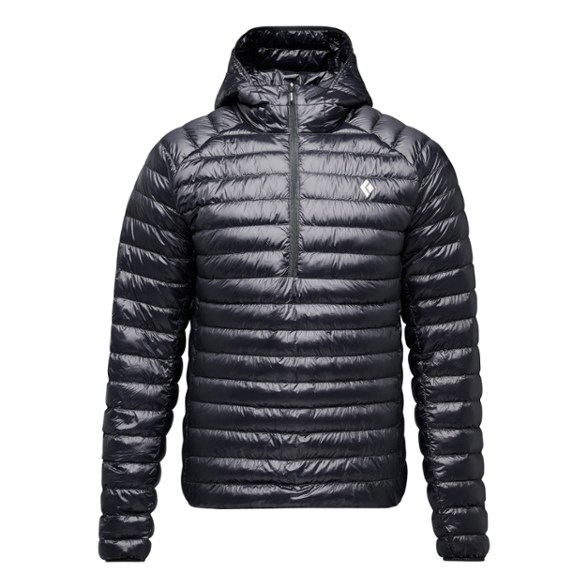 Black Diamond Ultralight Down Hoody showcasing adjustable hood and half-zip style.
