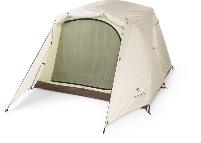 Spacious Alpha Breeze 4-person camping tent with extended vestibule for shade.