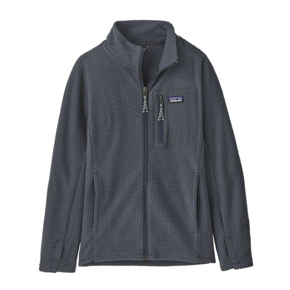 Patagonia Kids R1 Air Full Zip Jacket displayed at a ski resort, demonstrating warmth and mobility.