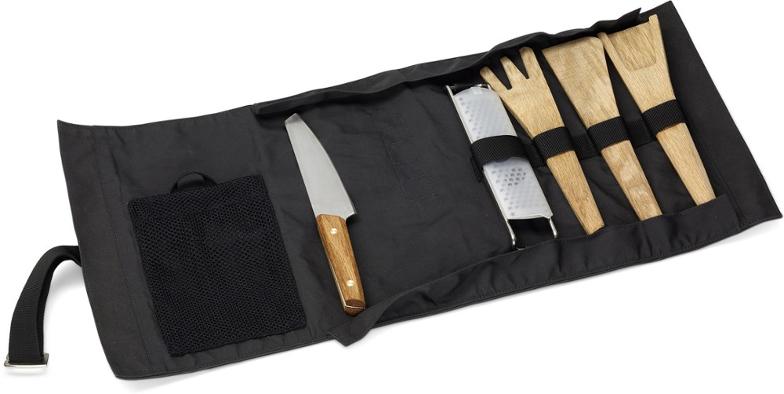 Close-up of the stainless steel chef knife in the Ultimate Campfire Cooking Prep Set
