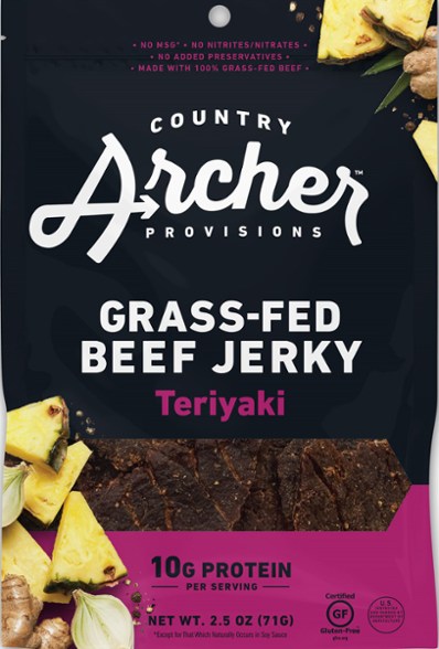 Close-up of Country Archer beef jerky showcasing its texture and packaging.