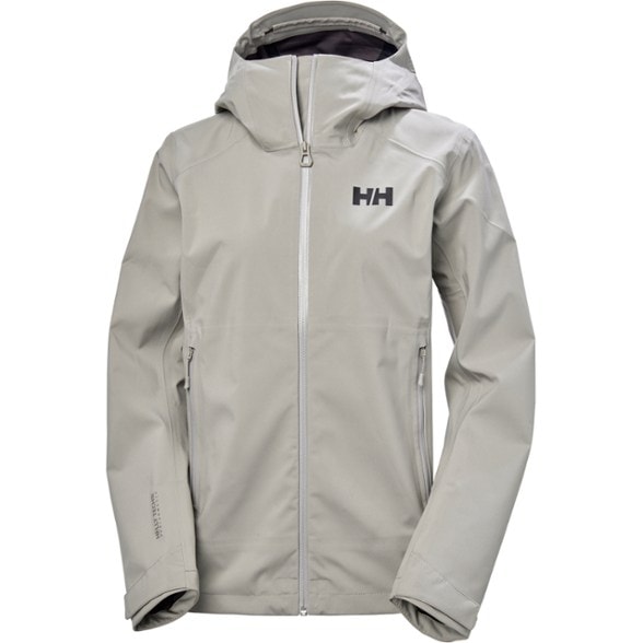 Front view of the Summit Breeze women's waterproof shell jacket in action on a hiking trail.