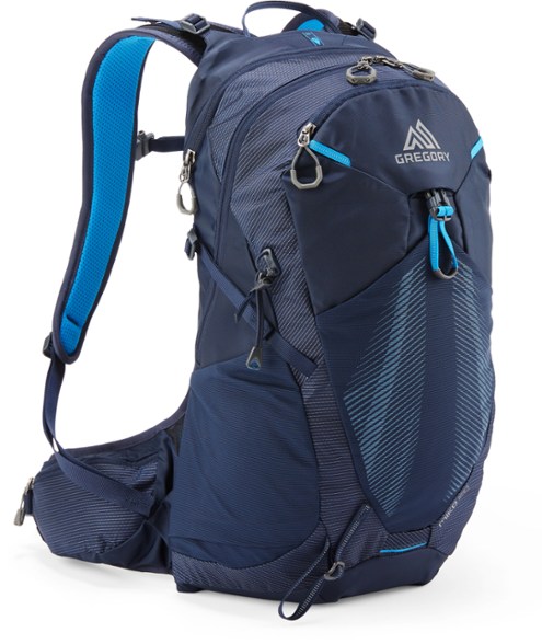 Side view of the Gregory Miko 20L men's hiking backpack highlighting the adjustable torso and hipbelt features.