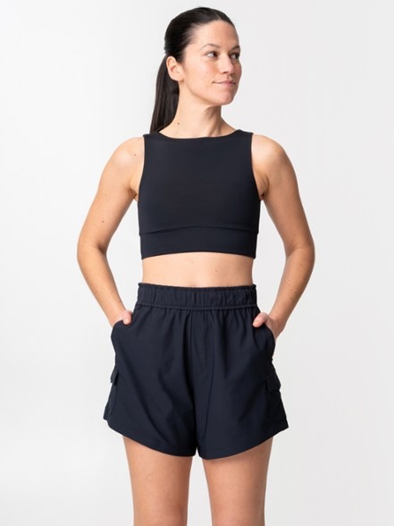 Alder Aqua Explorer women's shorts featuring a high-rise fit and adjustable waistband for outdoor activities.