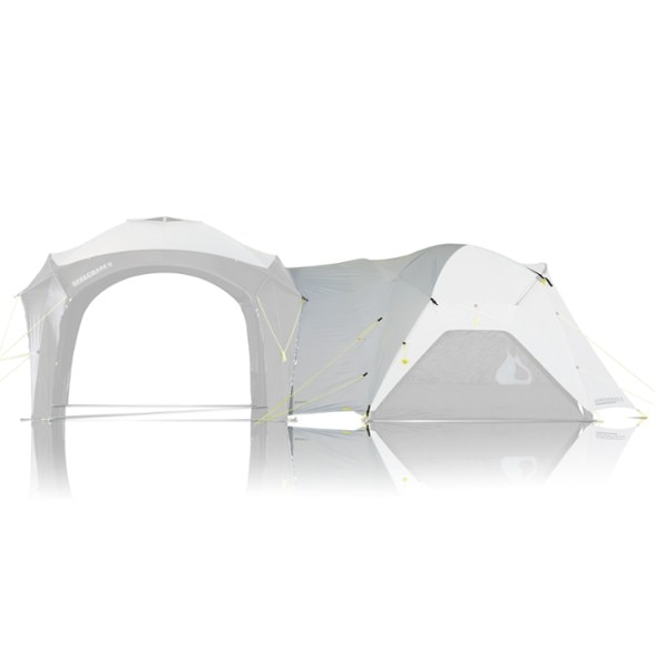 Aerospeed LinkPro air tent connector attached to a Speedbase 2 camping shelter, showing waterproof seal and secure zipper
