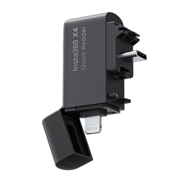 Insta360 X4 Quick Reader connected to a smartphone for fast file transfer.