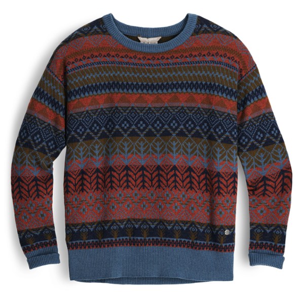 Front view of the warm women's pullover sweater with recycled materials featuring a colorful Fair Isle pattern