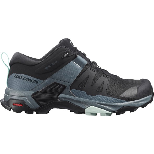 Salomon X Ultra 4 women's hiking shoes side view, showcasing GORE-TEX waterproof material.