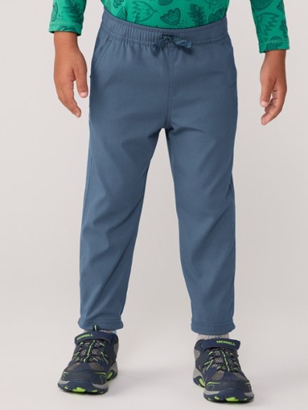 Front view of toddler hiking pants showing sun protective fabric and adjustable waistband