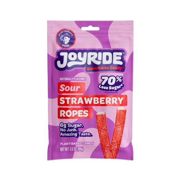 Joyride Vegan Sour Ropes in a colorful display, showcasing their chewy texture and vibrant colors.