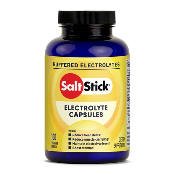 Close-up of Electrolyte Power Salt Capsules bottle, showcasing the label and capsule size.