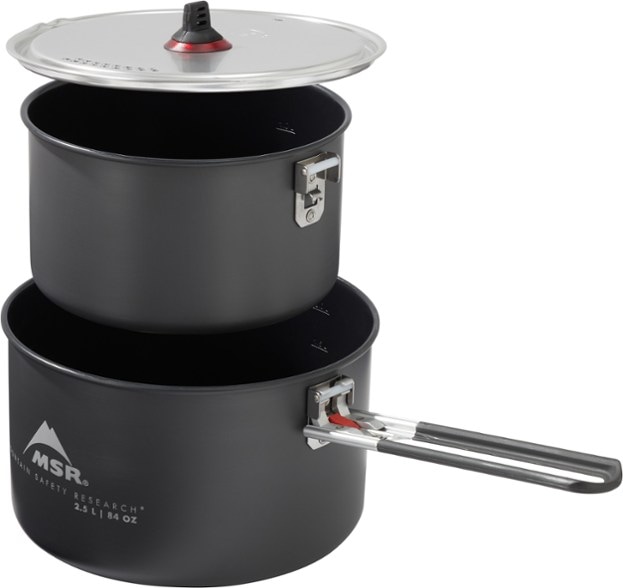 TrailMaster ceramic camping pots set showing nested design and nonstick surface