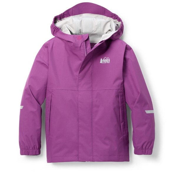 Front angle of infant in TinyTrek rain jacket, showing waterproof hood and cuff details