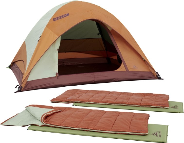 Kelty Adventure 4-person camping tent setup in a serene forest setting.