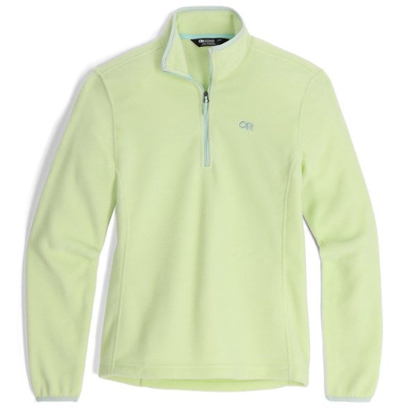 Front view of women's fleece pullover showing quarter zip and collar detail