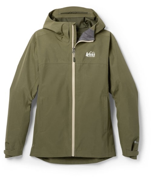 Close-up of the Teris women's GORE-TEX rain jacket with hood and visor, perfect for rainy hikes.