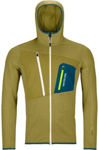 Men wearing the Alpine Stretch Fleece Hoodie, showcasing its stretchable design and hood.