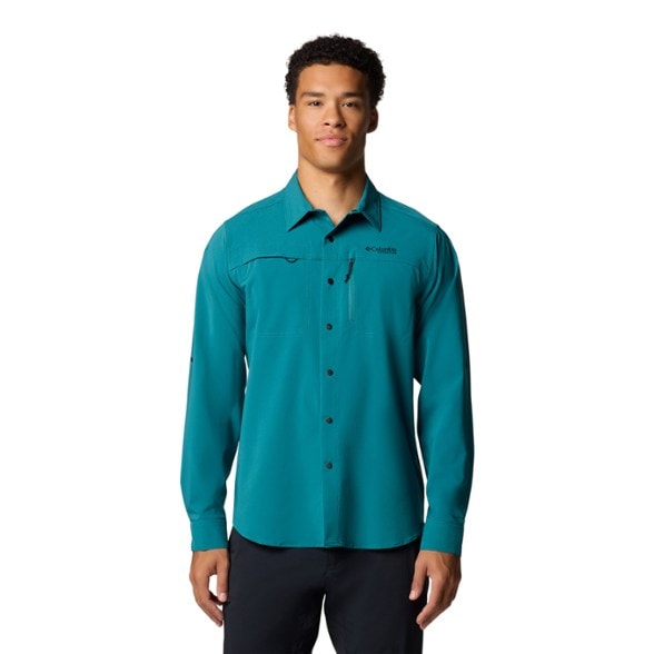 Summit Explorer men's hiking shirt in action on a sunny trail.
