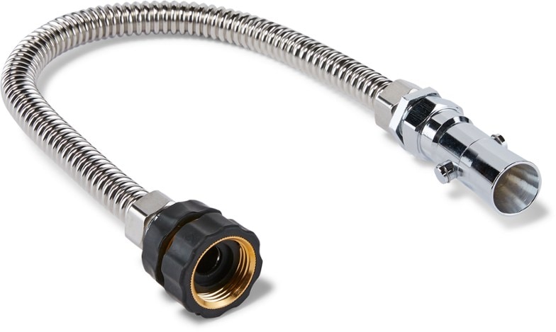 AdventureShower FlexHead in use at a campsite, showcasing its flexible neck and variable settings.