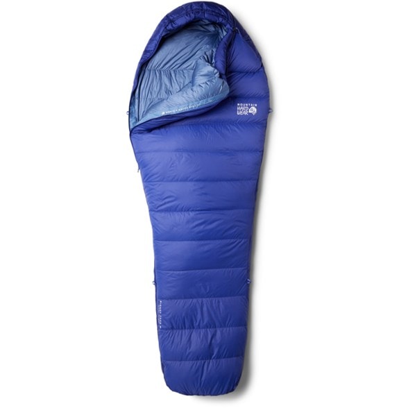 Front view of SummitGlow women's sleeping bag fully zipped on a rocky campsite — down sleeping bag design