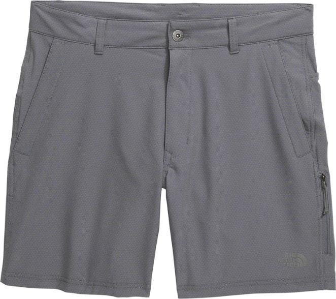 Front view of men's hiking shorts worn outdoors on a sunny trail
