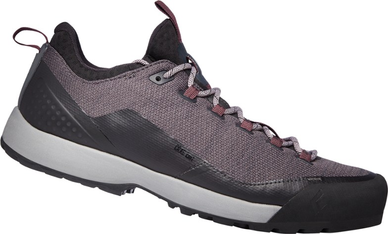 Close-up of Women's Black Diamond Mission LT Approach Shoes highlighting their breathable EnduroKnit upper and sticky rubber sole.
